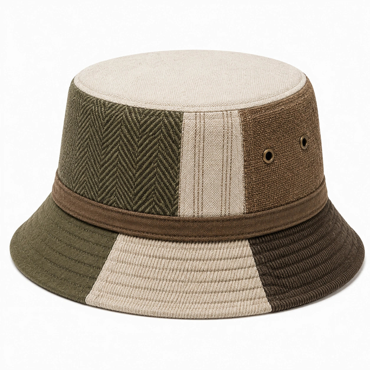 Anglerhut Einheitsgröße aus Textil in Oliv Beige Braun mit Patchwork-Design für Alltag