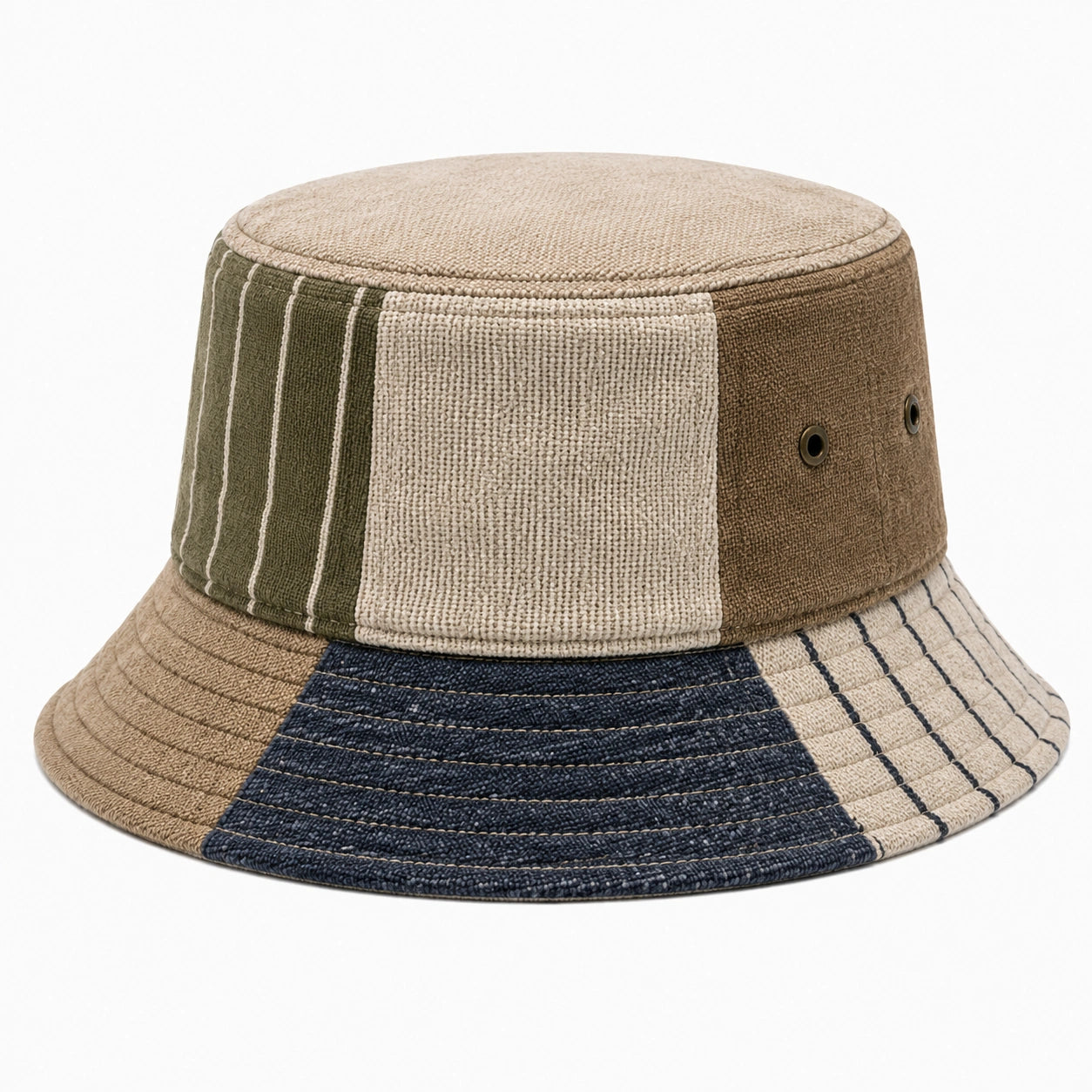 Fischerhut Einheitsgröße aus Textilgewebe Beige Grün Braun Blau im Patchwork-Stil für Alltag