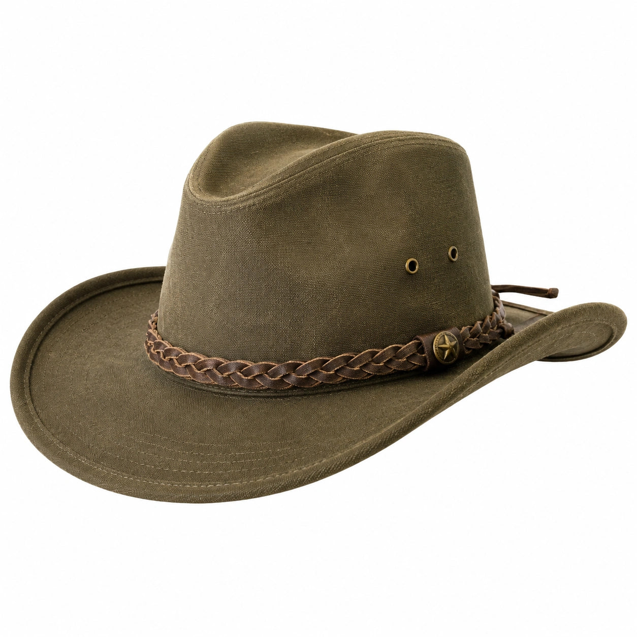 Cowboyhut Einheitsgröße Textil Olivgrün mit geflochtenem Kunstlederband Westernstil
