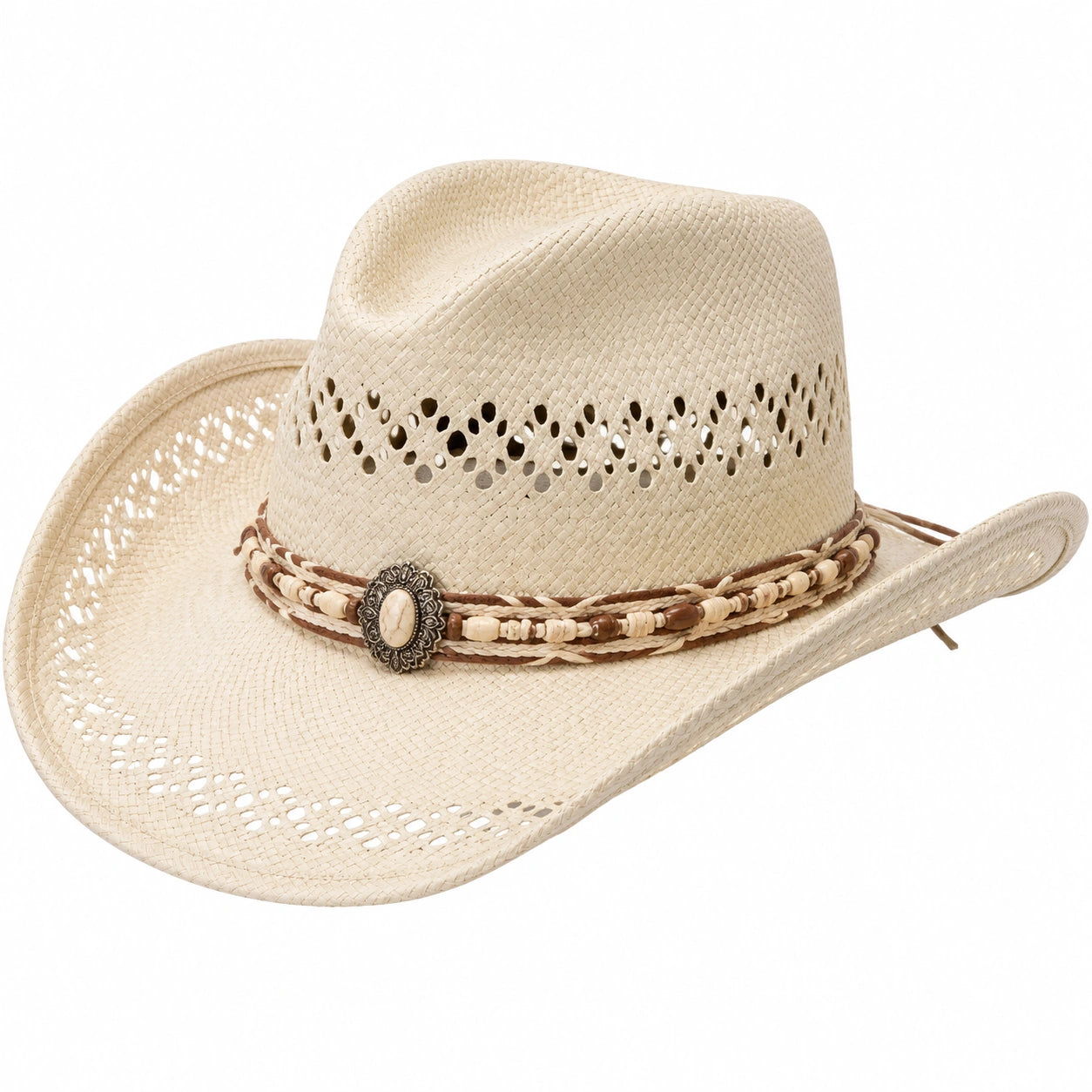 Cowboyhut Einheitsgröße aus geflochtener Naturfaser in Beige mit Perlenband