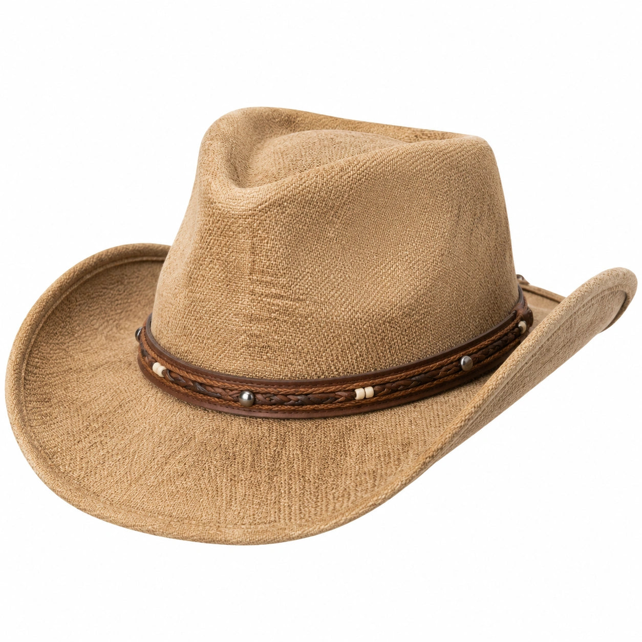 Cowboyhut Einheitsgröße Beige aus geflochtenem Textilmaterial mit braunem Zierband