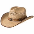 Cowboyhut Einheitsgröße aus geflochtener Naturfaser beige mit braunem Zierband Westernstil