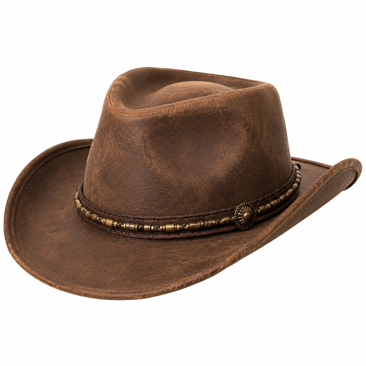 Cowboyhut Einheitsgröße aus braunem Kunstleder mit Schmuckband im Westernstil