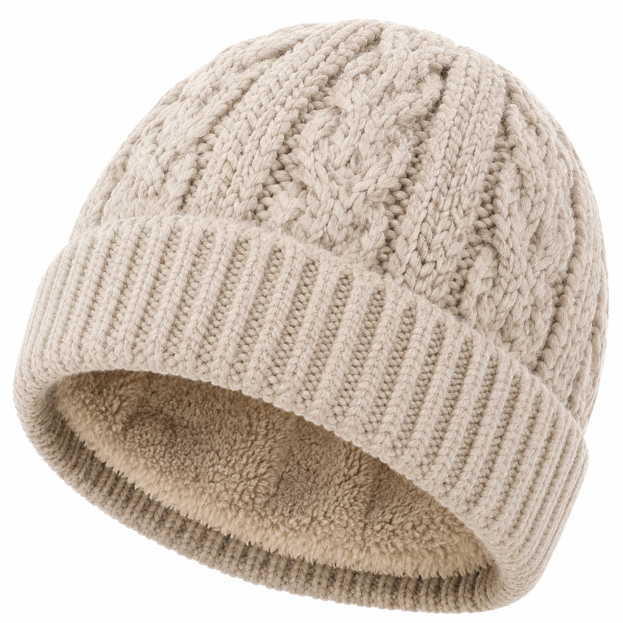 Strickmütze Einheitsgröße Beige mit Plüschfutter für Winter