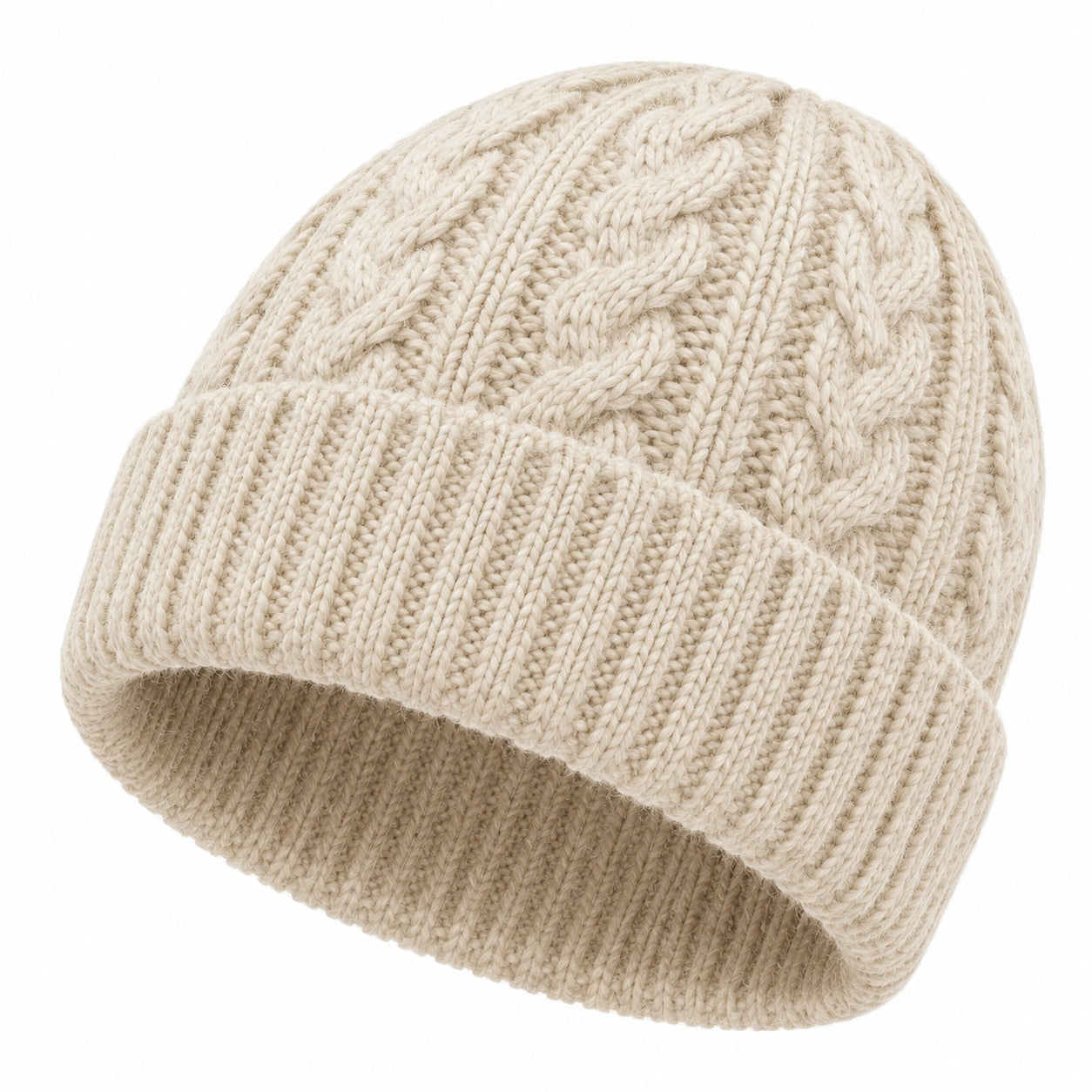 Strickmütze Einheitsgröße Textil Creme mit Zopfmuster und Umschlag