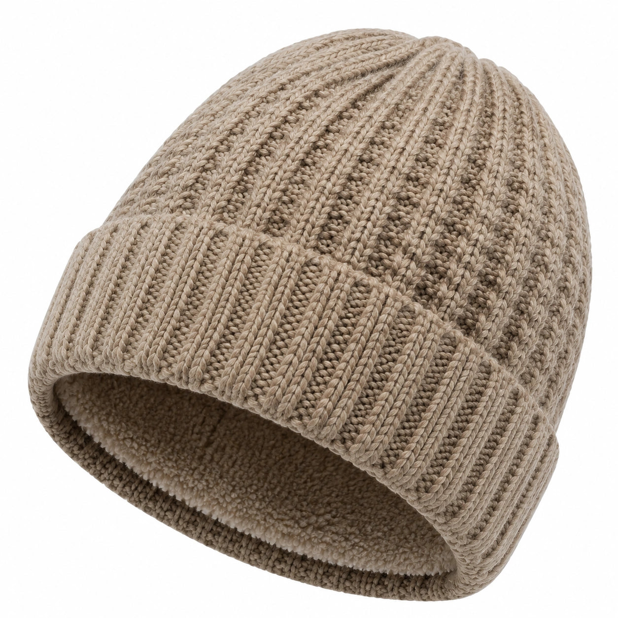 Strickmütze Einheitsgröße Beige gerippt gefüttert für Winter