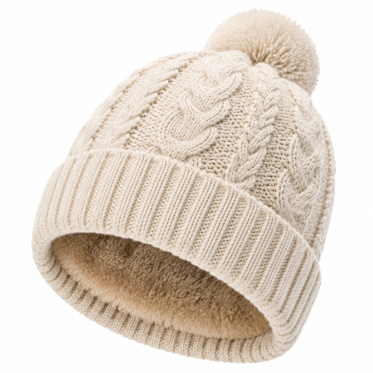 Strickmütze Einheitsgröße Cremefarben mit Zopfmuster und Fleecefutter für Winter